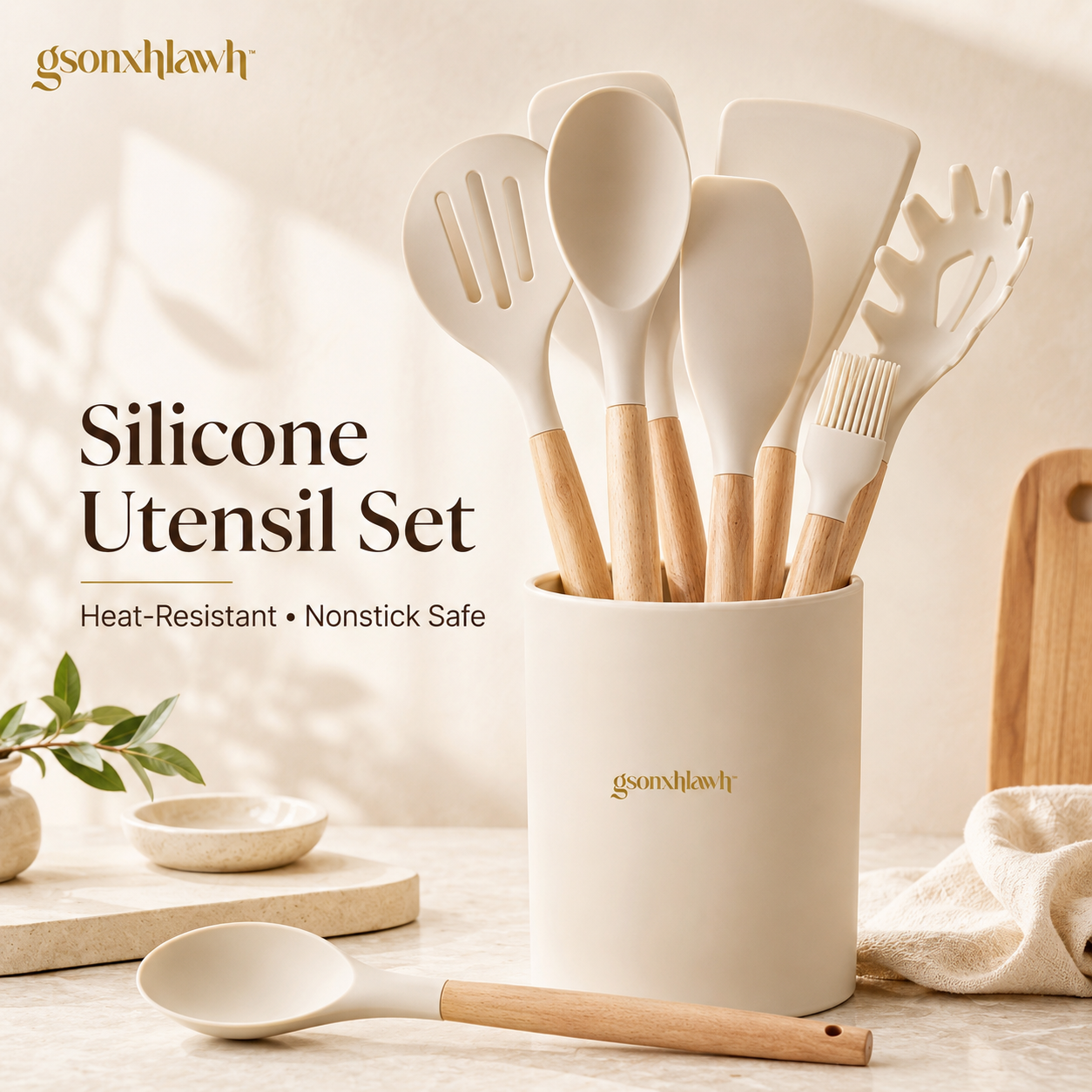 gsonxhlawh™ Silicone Cooking Utensils Set with Acacia Wood Handles, Nonstick Kitchen Tools, Heat-Resistant Spatula Spoon Turner Set