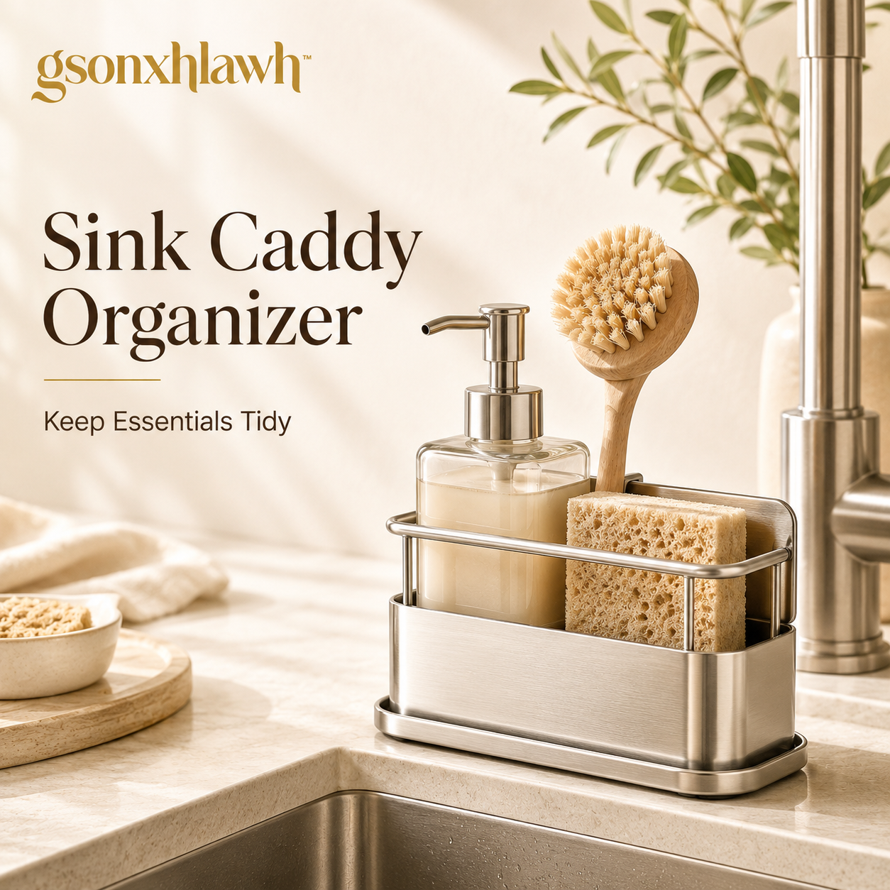 gsonxhlawh™ Kitchen Sink Caddy Organizer, Stainless Steel Sponge Holder, Minimal Dish Brush Soap Storage Rack