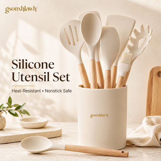 gsonxhlawh™ Silicone Cooking Utensils Set with Acacia Wood Handles, Nonstick Kitchen Tools, Heat-Resistant Spatula Spoon Turner Set