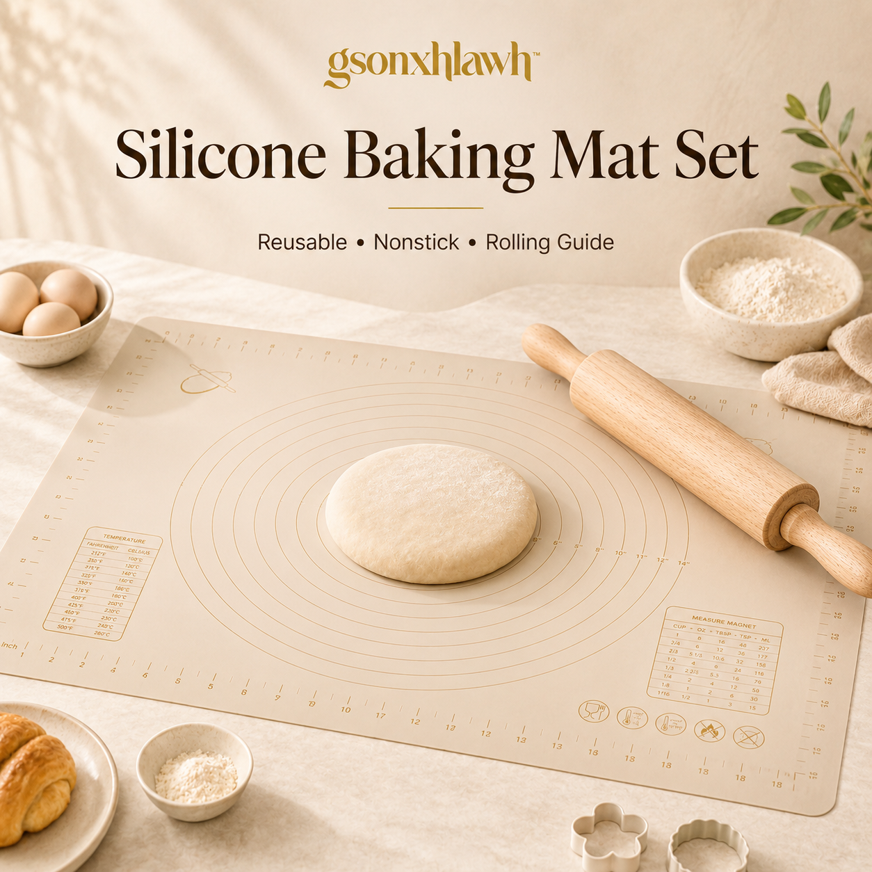 gsonxhlawh™ Silicone Baking Mat Set, Nonstick Pastry Mat with Rolling Guide, Reusable Kitchen Baking Sheet Liner