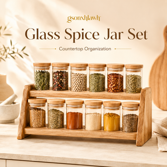 gsonxhlawh™ Glass Spice Jars with Acacia Wood Rack, Minimalist Spice Organizer Set, Clear Seasoning Containers