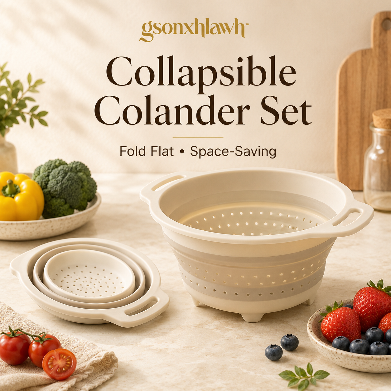 gsonxhlawh™ Collapsible Silicone Colander Set, Space-Saving Kitchen Strainer Basket, Foldable Pasta Vegetable Fruit Washer