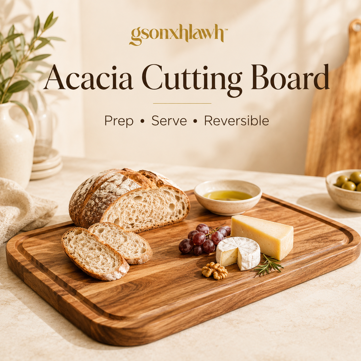 gsonxhlawh™ Acacia Wood Cutting Board, Reversible Serving Board, Minimal Charcuterie Board and Kitchen Prep Tray
